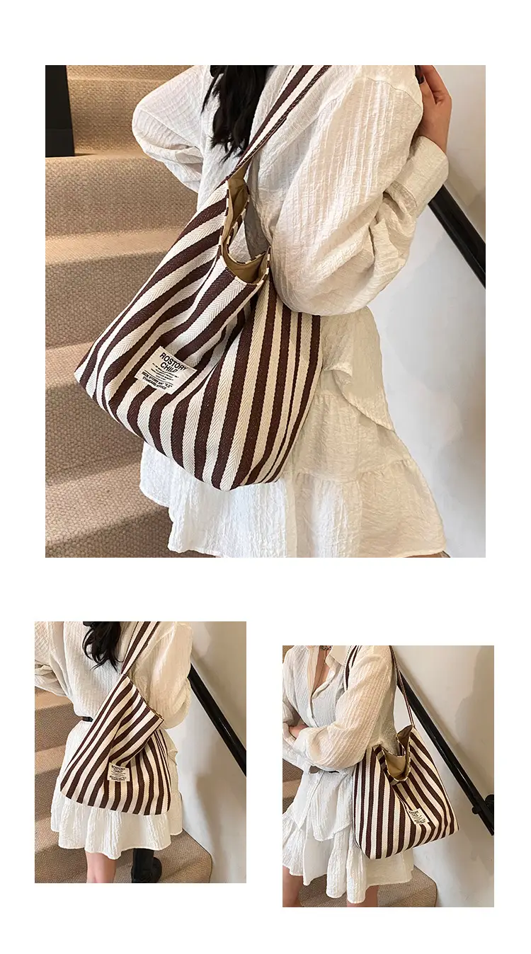 Women Striped Canvas Shoulder Bag 2024 New Commute Lightweight Tote — feature 24