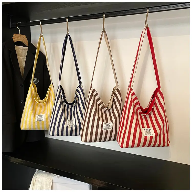 Women Striped Canvas Shoulder Bag 2024 New Commute Lightweight Tote — feature 27