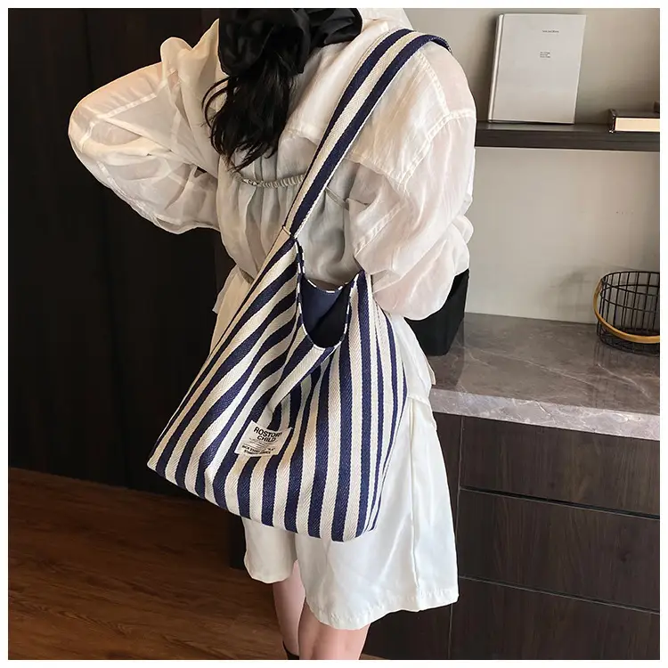 Women Striped Canvas Shoulder Bag 2024 New Commute Lightweight Tote — feature 8