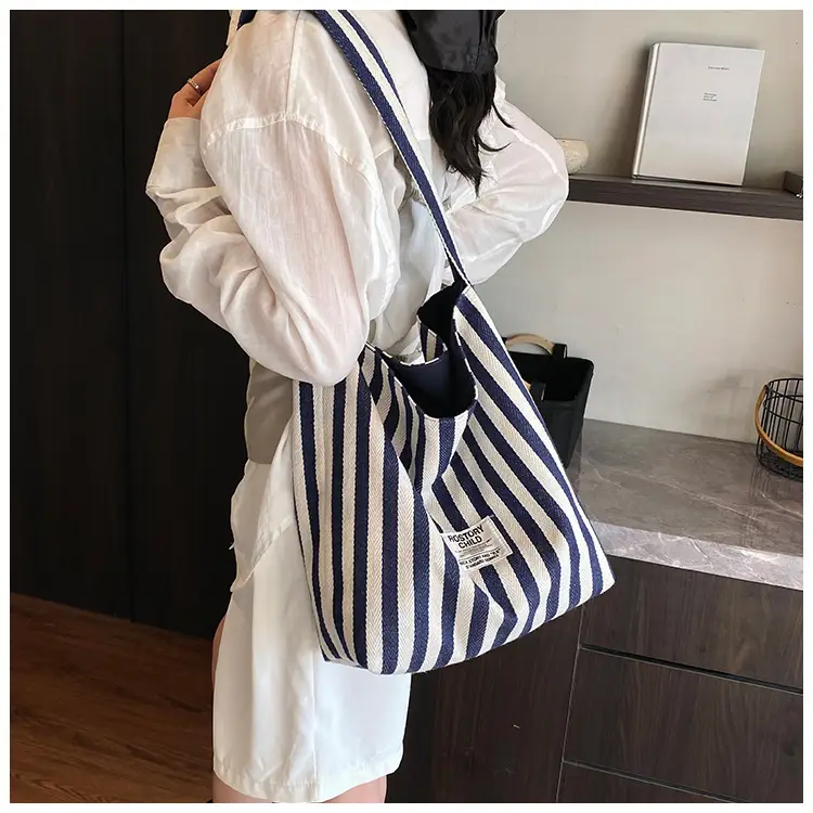 Women Striped Canvas Shoulder Bag 2024 New Commute Lightweight Tote — feature 9