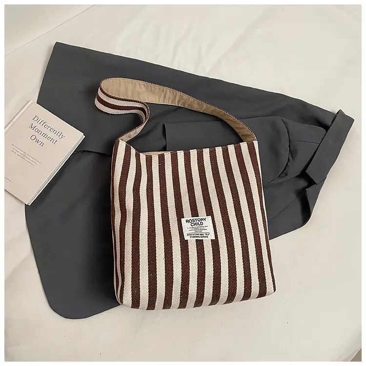 Women Striped Canvas Shoulder Bag 2024 New Commute Lightweight Tote - Image 2