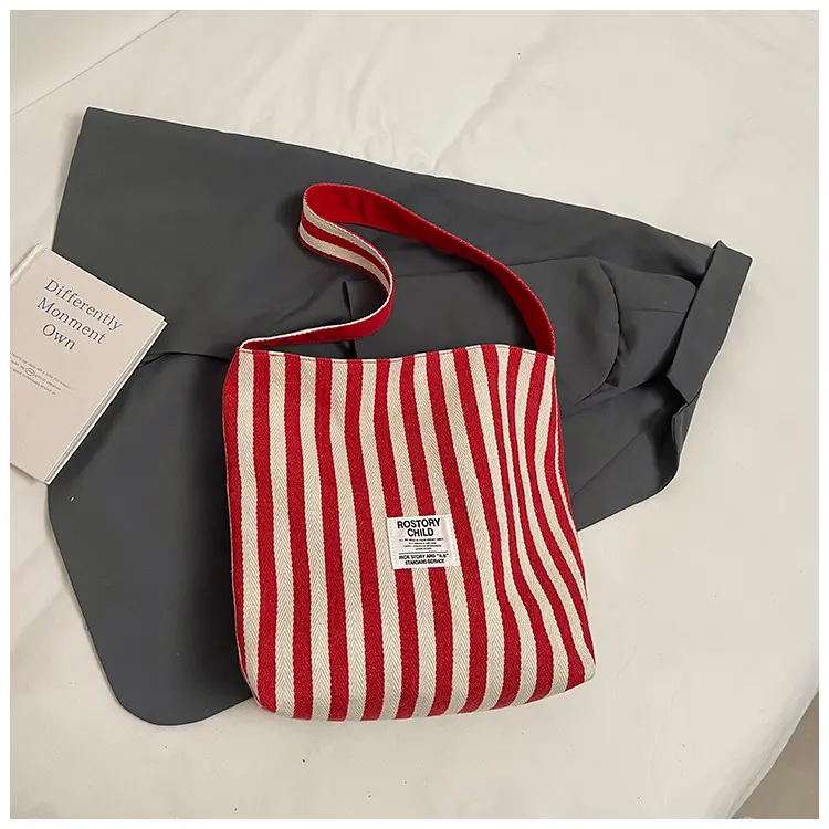 Women Striped Canvas Shoulder Bag 2024 New Commute Lightweight Tote - Image 3