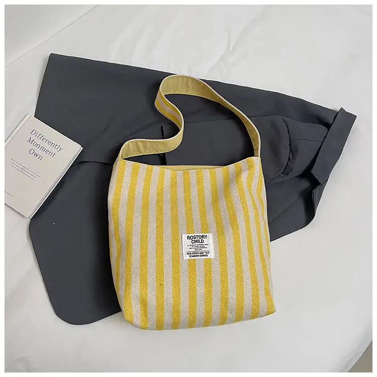 Women Striped Canvas Shoulder Bag 2024 New Commute Lightweight Tote - Image 4
