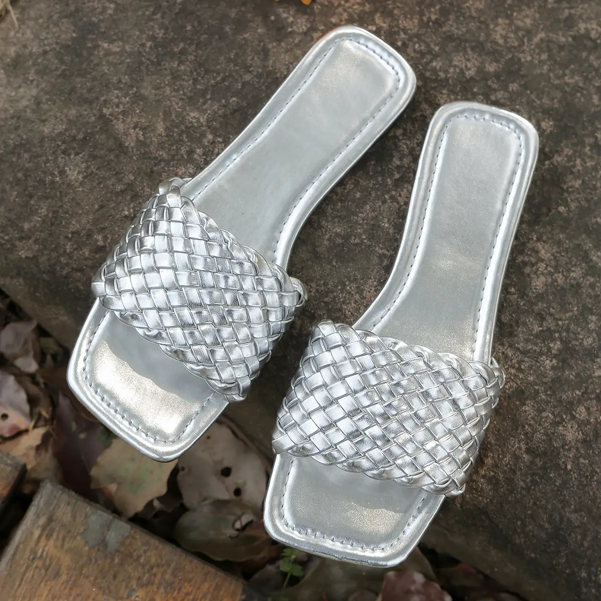 Women Braided Silver Flat Sandals 2025 Summer — feature 1