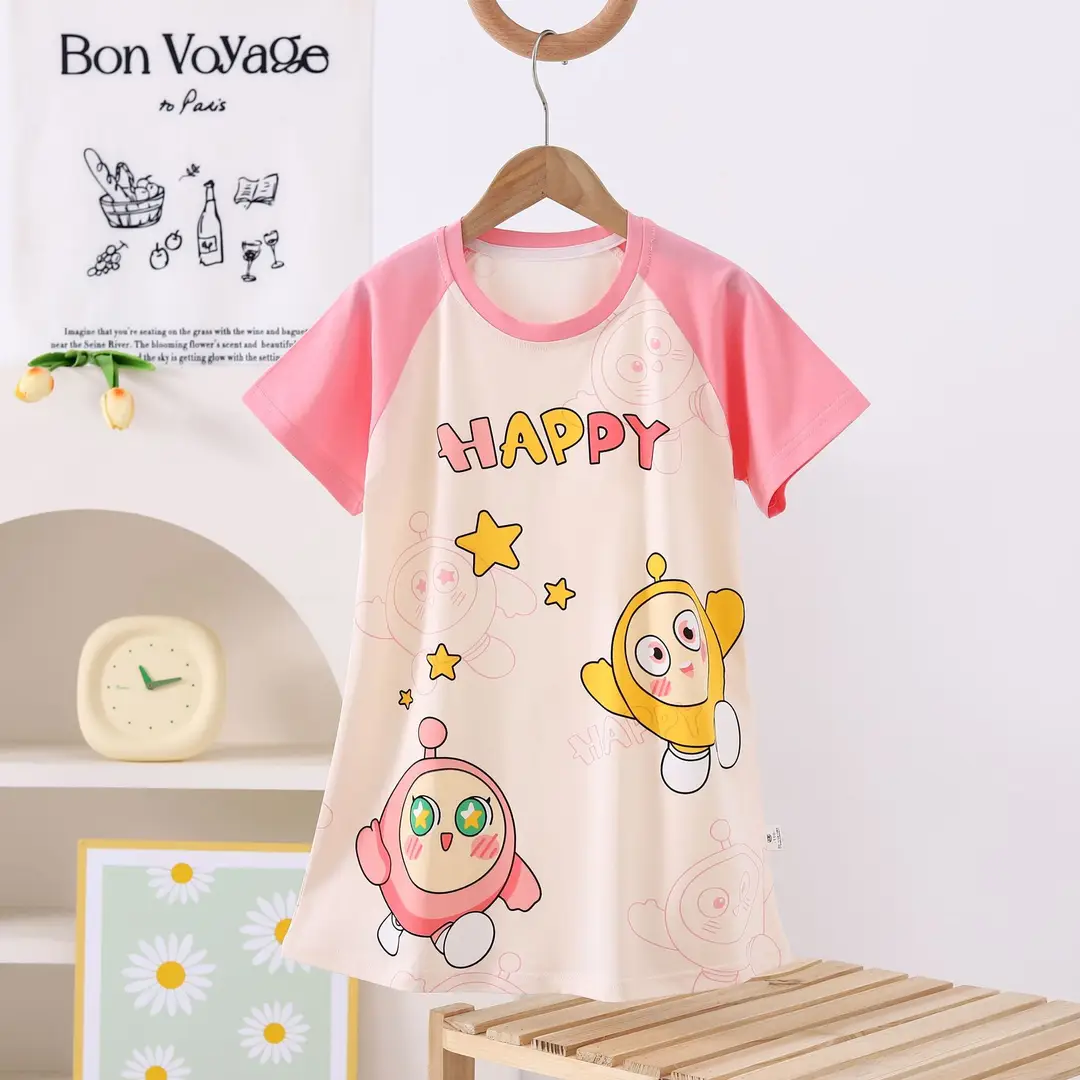 100% Pure Cotton Girls Pajamas Nightgown Short Sleeve Thin Mid-Big Kids Summer Girls Princess Cute Round Neck Nightgown