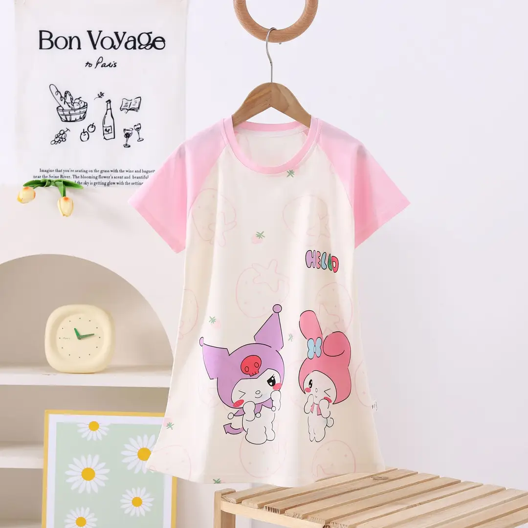 100% Pure Cotton Girls Pajamas Nightgown Short Sleeve Thin Mid-Big Kids Summer Girls Princess Cute Round Neck Nightgown