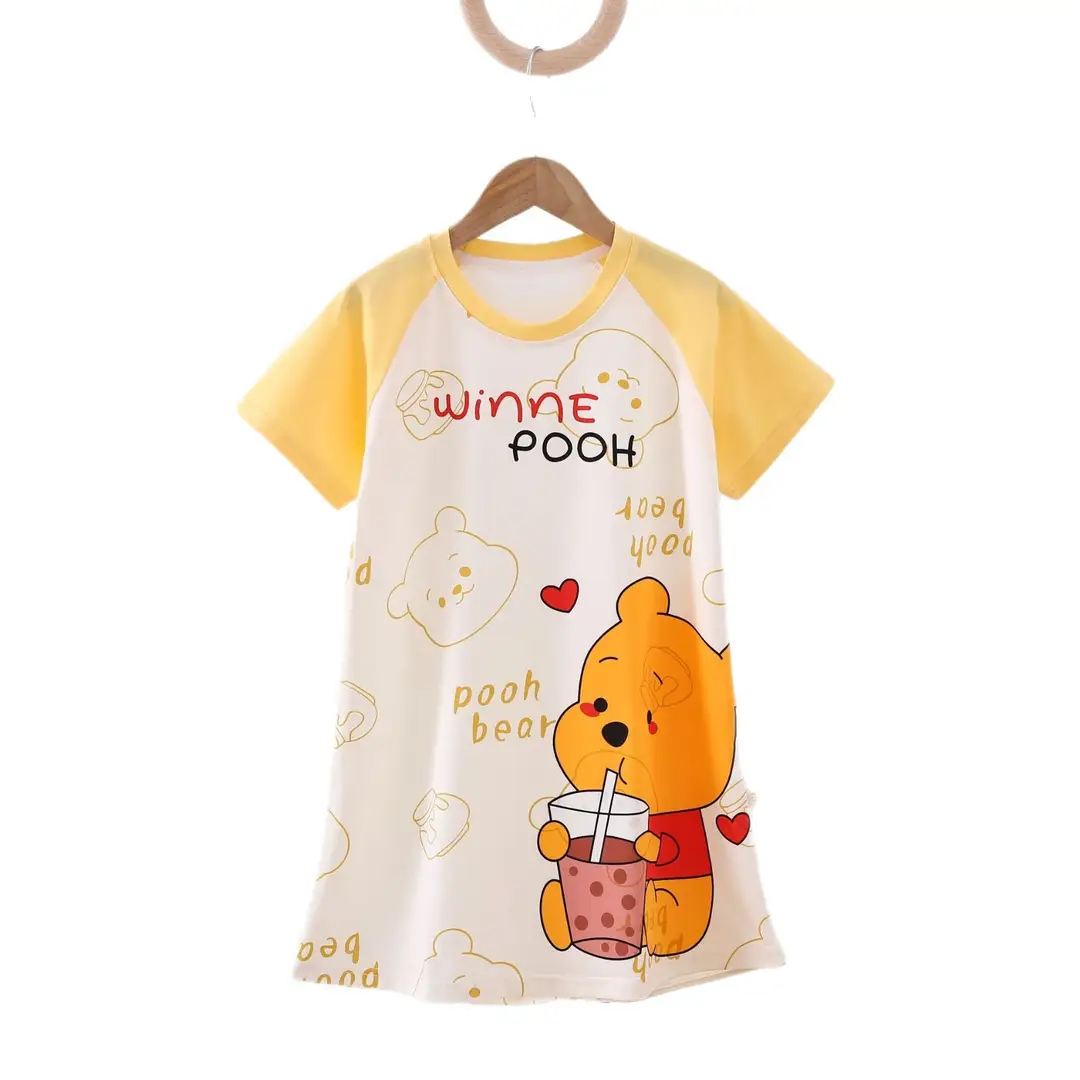100% Pure Cotton Girls Pajamas Nightgown Short Sleeve Thin Mid-Big Kids Summer Girls Princess Cute Round Neck Nightgown