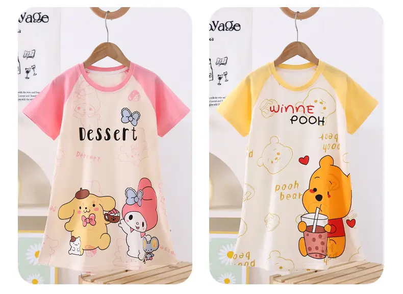 100% Pure Cotton Girls Pajamas Nightgown Short Sleeve Thin Mid-Big Kids Summer Girls Princess Cute Round Neck Nightgown — feature 10