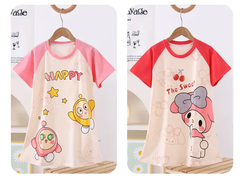 100% Pure Cotton Girls Pajamas Nightgown Short Sleeve Thin Mid-Big Kids Summer Girls Princess Cute Round Neck Nightgown — feature 11