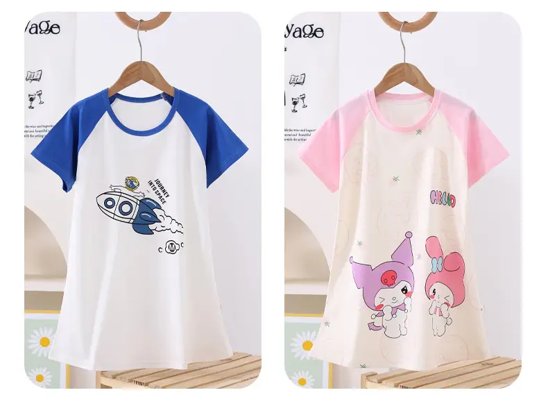 100% Pure Cotton Girls Pajamas Nightgown Short Sleeve Thin Mid-Big Kids Summer Girls Princess Cute Round Neck Nightgown — feature 12