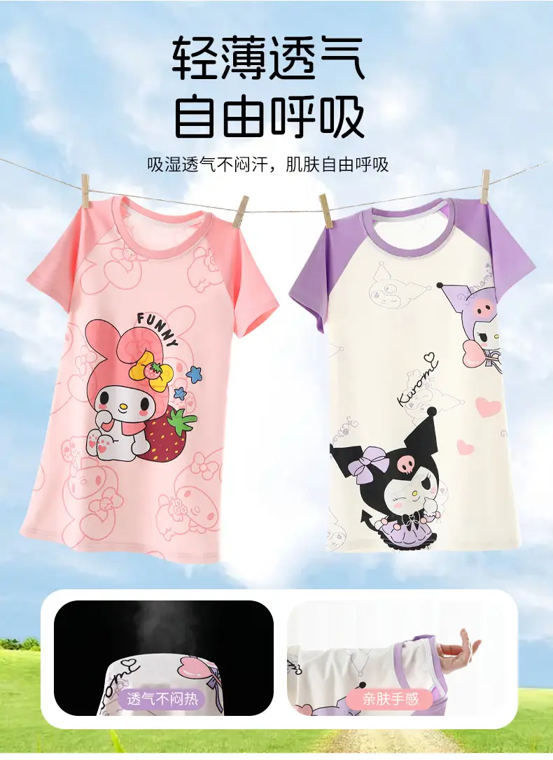100% Pure Cotton Girls Pajamas Nightgown Short Sleeve Thin Mid-Big Kids Summer Girls Princess Cute Round Neck Nightgown — feature 4