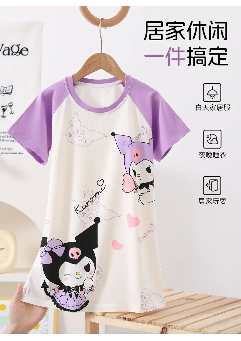 100% Pure Cotton Girls Pajamas Nightgown Short Sleeve Thin Mid-Big Kids Summer Girls Princess Cute Round Neck Nightgown — feature 5