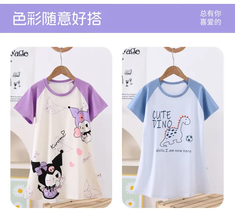 100% Pure Cotton Girls Pajamas Nightgown Short Sleeve Thin Mid-Big Kids Summer Girls Princess Cute Round Neck Nightgown — feature 9