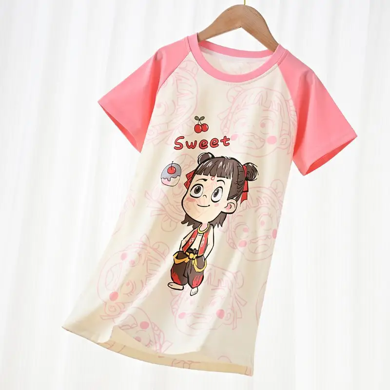 100% Pure Cotton Girls Pajamas Nightgown Short Sleeve Thin Mid-Big Kids Summer Girls Princess Cute Round Neck Nightgown