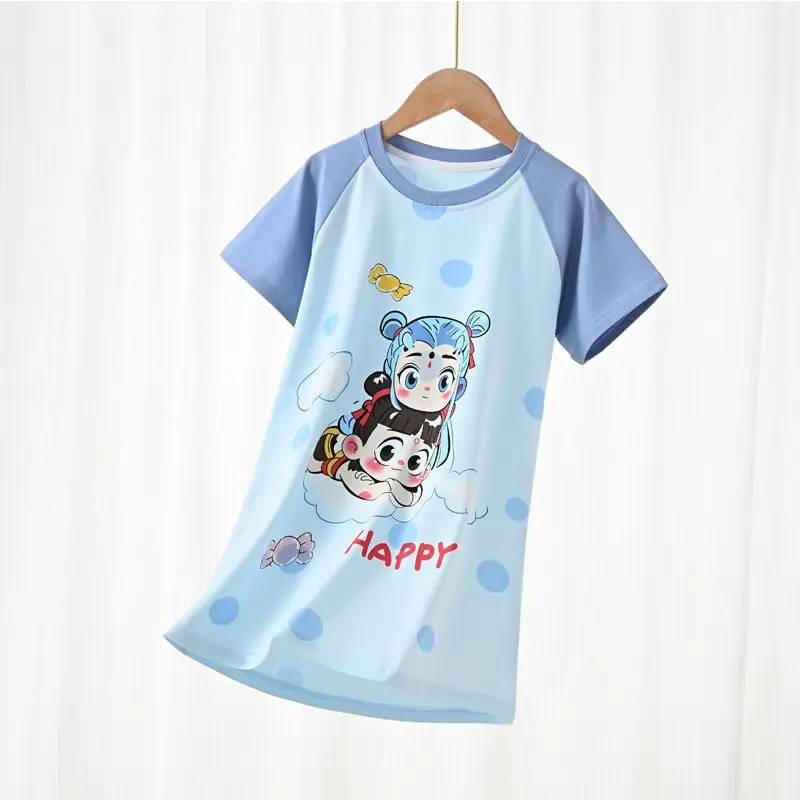 100% Pure Cotton Girls Pajamas Nightgown Short Sleeve Thin Mid-Big Kids Summer Girls Princess Cute Round Neck Nightgown