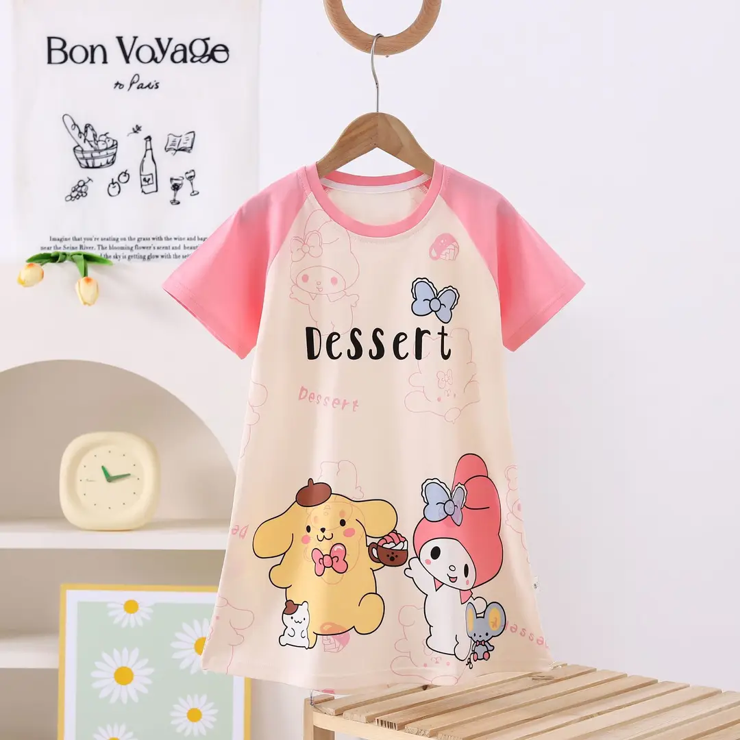 100% Pure Cotton Girls Pajamas Nightgown Short Sleeve Thin Mid-Big Kids Summer Girls Princess Cute Round Neck Nightgown