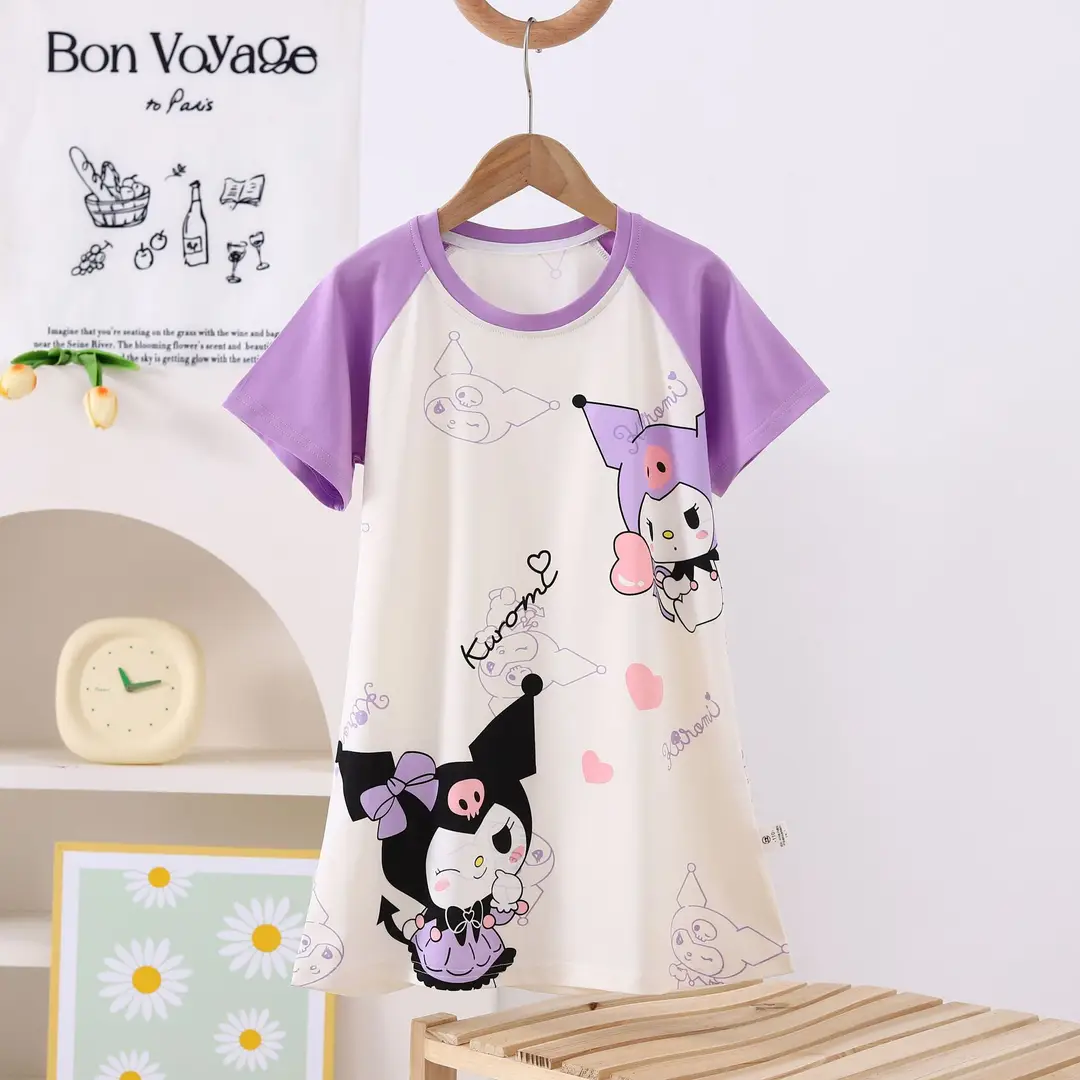 100% Pure Cotton Girls Pajamas Nightgown Short Sleeve Thin Mid-Big Kids Summer Girls Princess Cute Round Neck Nightgown