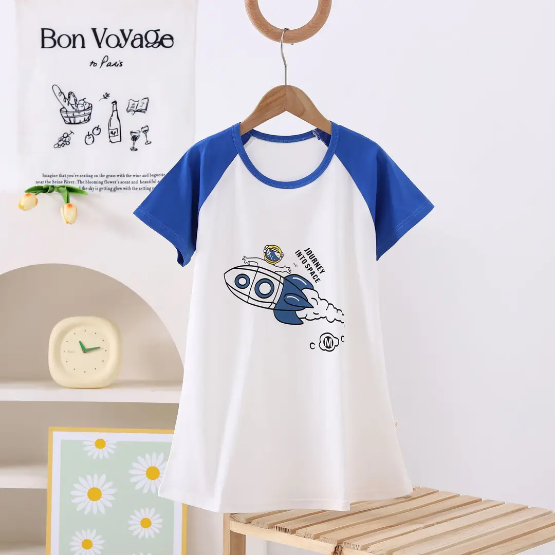 100% Pure Cotton Girls Pajamas Nightgown Short Sleeve Thin Mid-Big Kids Summer Girls Princess Cute Round Neck Nightgown