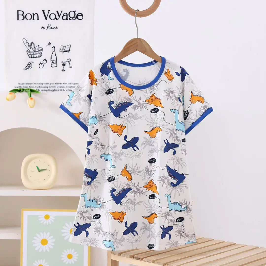 100% Pure Cotton Girls Pajamas Nightgown Short Sleeve Thin Mid-Big Kids Summer Girls Princess Cute Round Neck Nightgown