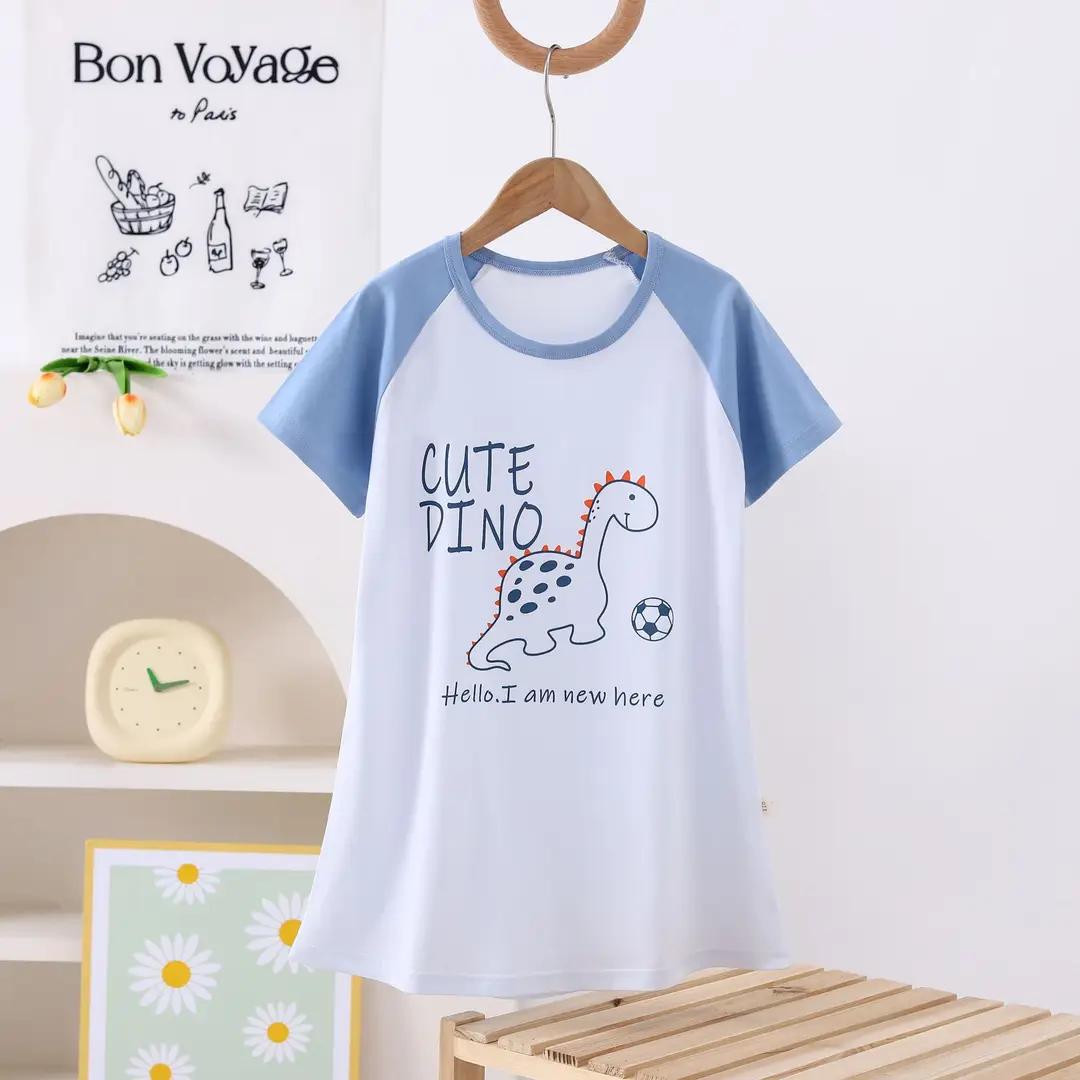 100% Pure Cotton Girls Pajamas Nightgown Short Sleeve Thin Mid-Big Kids Summer Girls Princess Cute Round Neck Nightgown