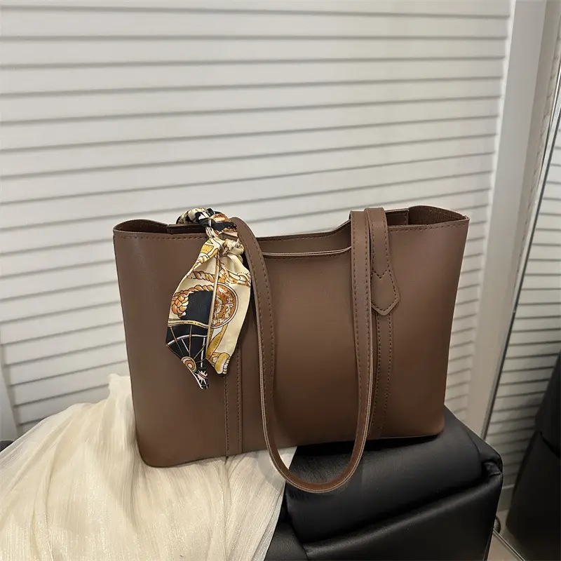 Brown Leather Shoulder Bag with Silk Tassel for Women