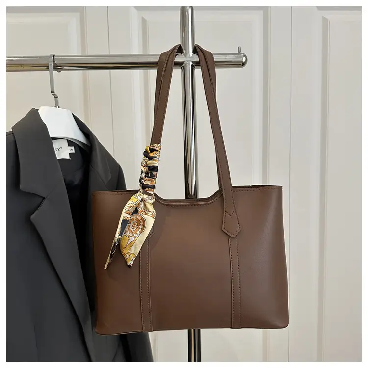 Brown Leather Shoulder Bag with Silk Tassel for Women
