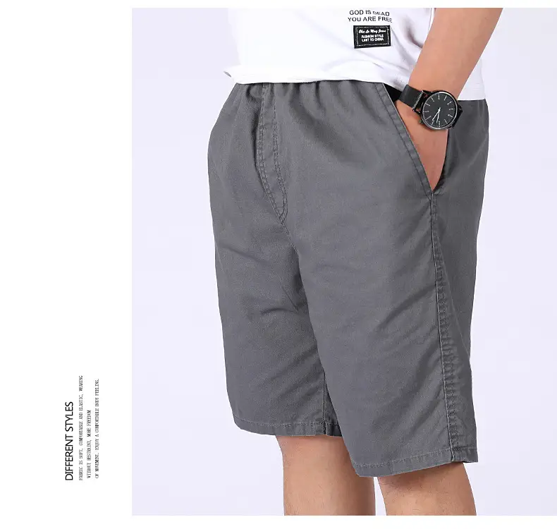 Men 100% Cotton Summer Elastic Waist Shorts Solid Color — feature 14