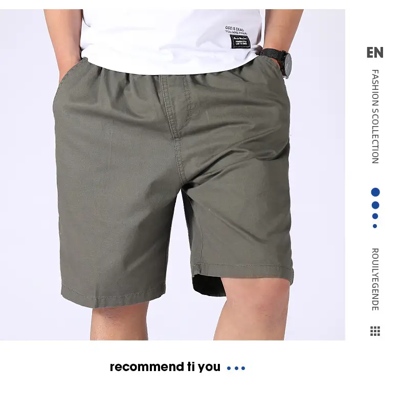 Men 100% Cotton Summer Elastic Waist Shorts Solid Color — feature 16