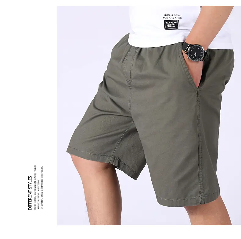 Men 100% Cotton Summer Elastic Waist Shorts Solid Color — feature 18