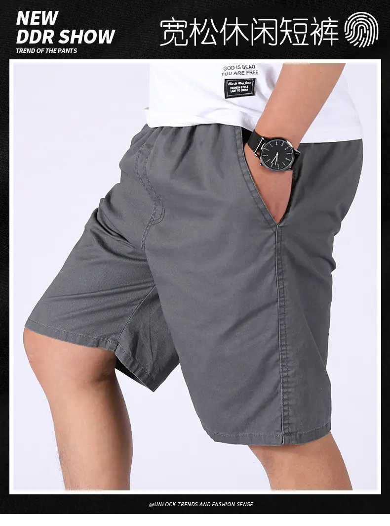 Men 100% Cotton Summer Elastic Waist Shorts Solid Color — feature 6