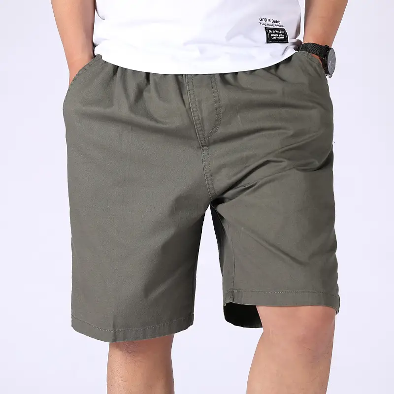Men 100% Cotton Summer Elastic Waist Shorts Solid Color - Image 2