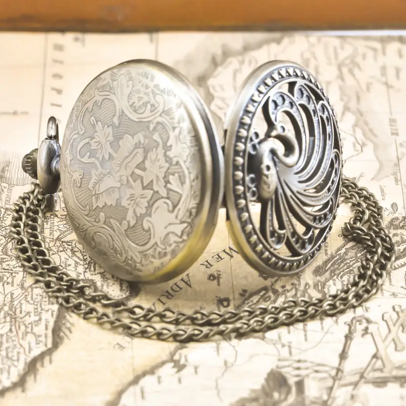Peacock Floral Flip Pocket Watch for Men Women — feature 7