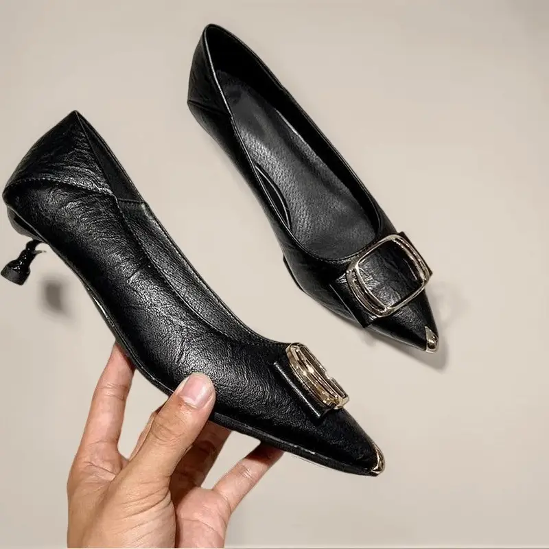 2026 Spring and Autumn New Fashionable High Heels for Women, Thin Heels, Lightweight, Square Buckle, French Style, Comfortable Pointed Toe Single Shoes for Women - Image 5