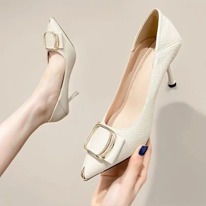 2026 Spring and Autumn New Fashionable High Heels for Women, Thin Heels, Lightweight, Square Buckle, French Style, Comfortable Pointed Toe Single Shoes for Women — feature 1