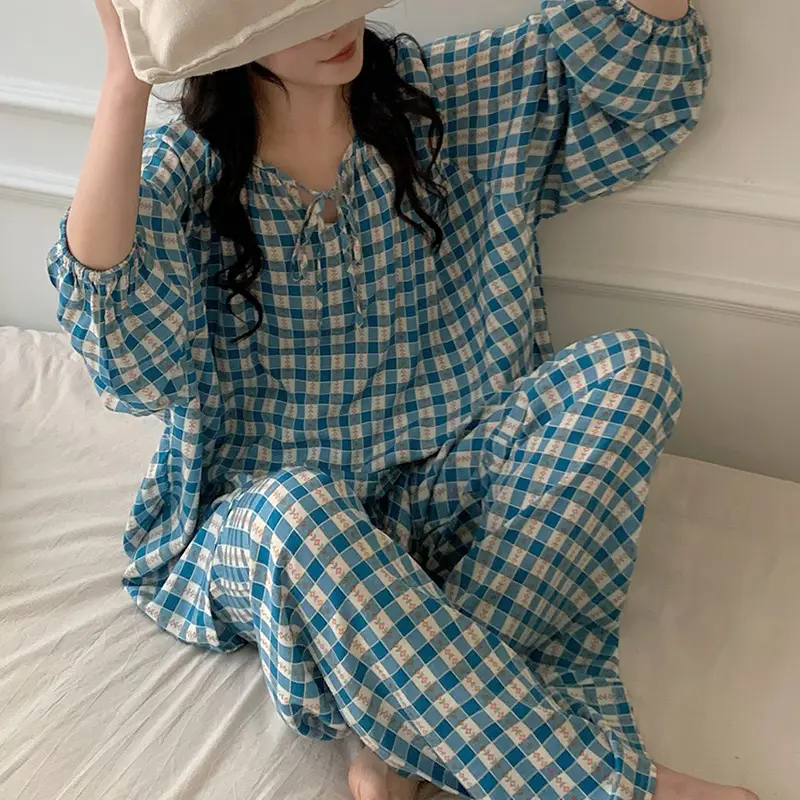 Summer New Long Sleeve Cotton Silk Pajamas Women's Spring and Autumn Loose plus size Cotton Silk Home Clothes suit Chinese Style Thin Style