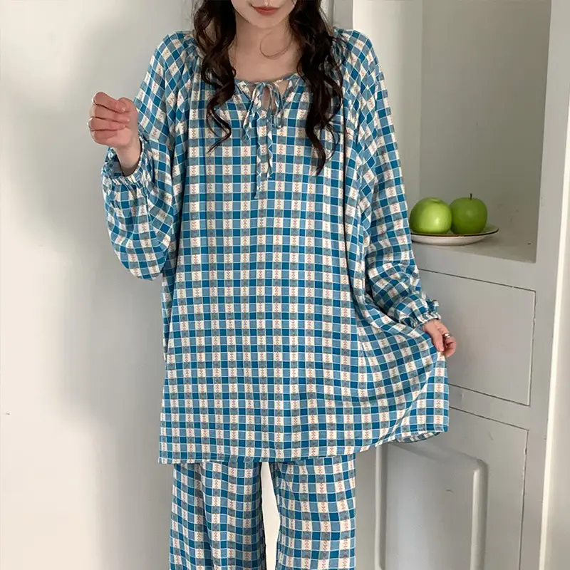 Summer New Long Sleeve Cotton Silk Pajamas Women's Spring and Autumn Loose plus size Cotton Silk Home Clothes suit Chinese Style Thin Style