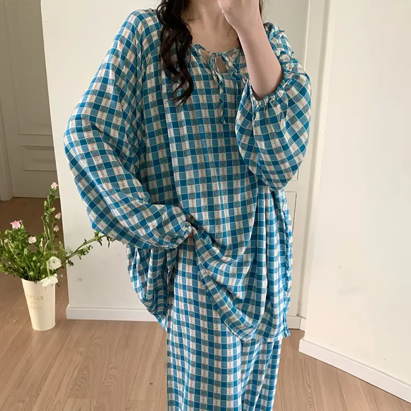 Summer New Long Sleeve Cotton Silk Pajamas Women's Spring and Autumn Loose plus size Cotton Silk Home Clothes suit Chinese Style Thin Style