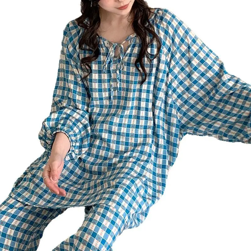 Summer New Long Sleeve Cotton Silk Pajamas Women's Spring and Autumn Loose plus size Cotton Silk Home Clothes suit Chinese Style Thin Style