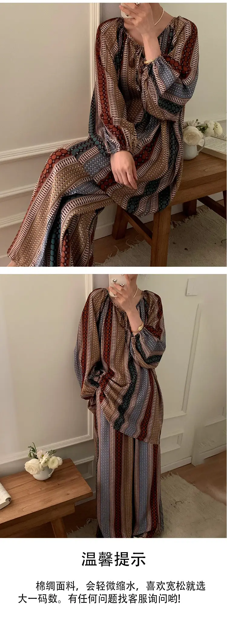 Summer New Long Sleeve Cotton Silk Pajamas Women's Spring and Autumn Loose plus size Cotton Silk Home Clothes suit Chinese Style Thin Style — feature 11