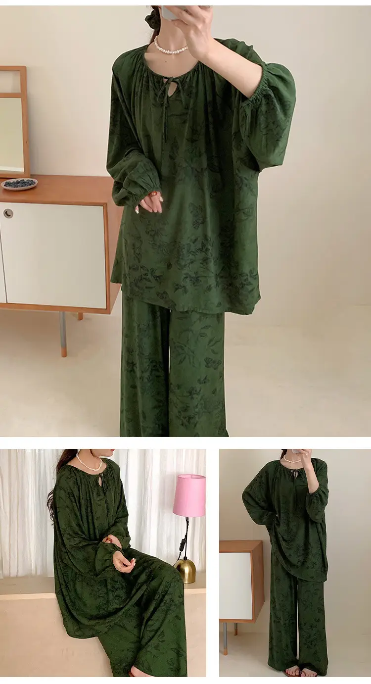 Summer New Long Sleeve Cotton Silk Pajamas Women's Spring and Autumn Loose plus size Cotton Silk Home Clothes suit Chinese Style Thin Style — feature 19