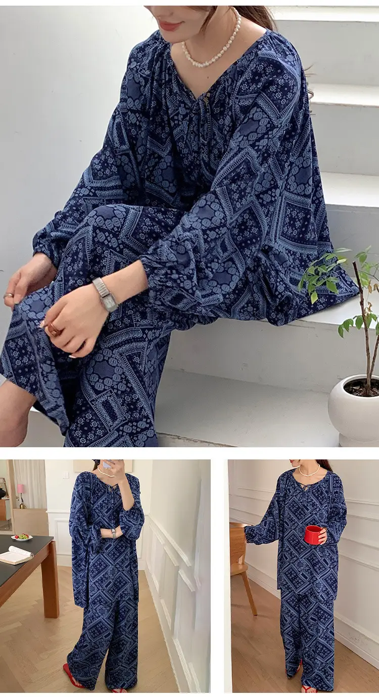 Summer New Long Sleeve Cotton Silk Pajamas Women's Spring and Autumn Loose plus size Cotton Silk Home Clothes suit Chinese Style Thin Style — feature 22