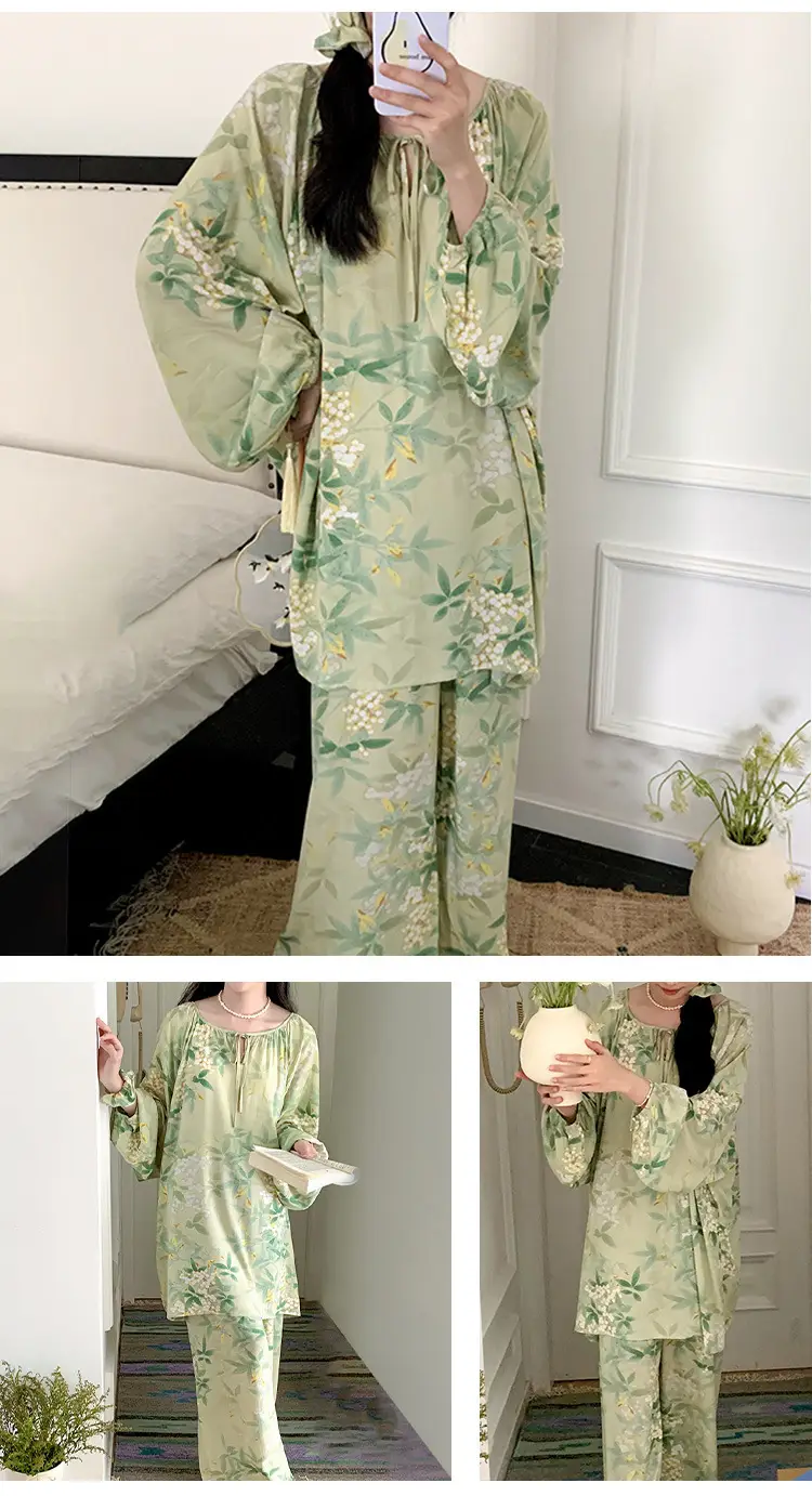 Summer New Long Sleeve Cotton Silk Pajamas Women's Spring and Autumn Loose plus size Cotton Silk Home Clothes suit Chinese Style Thin Style — feature 23