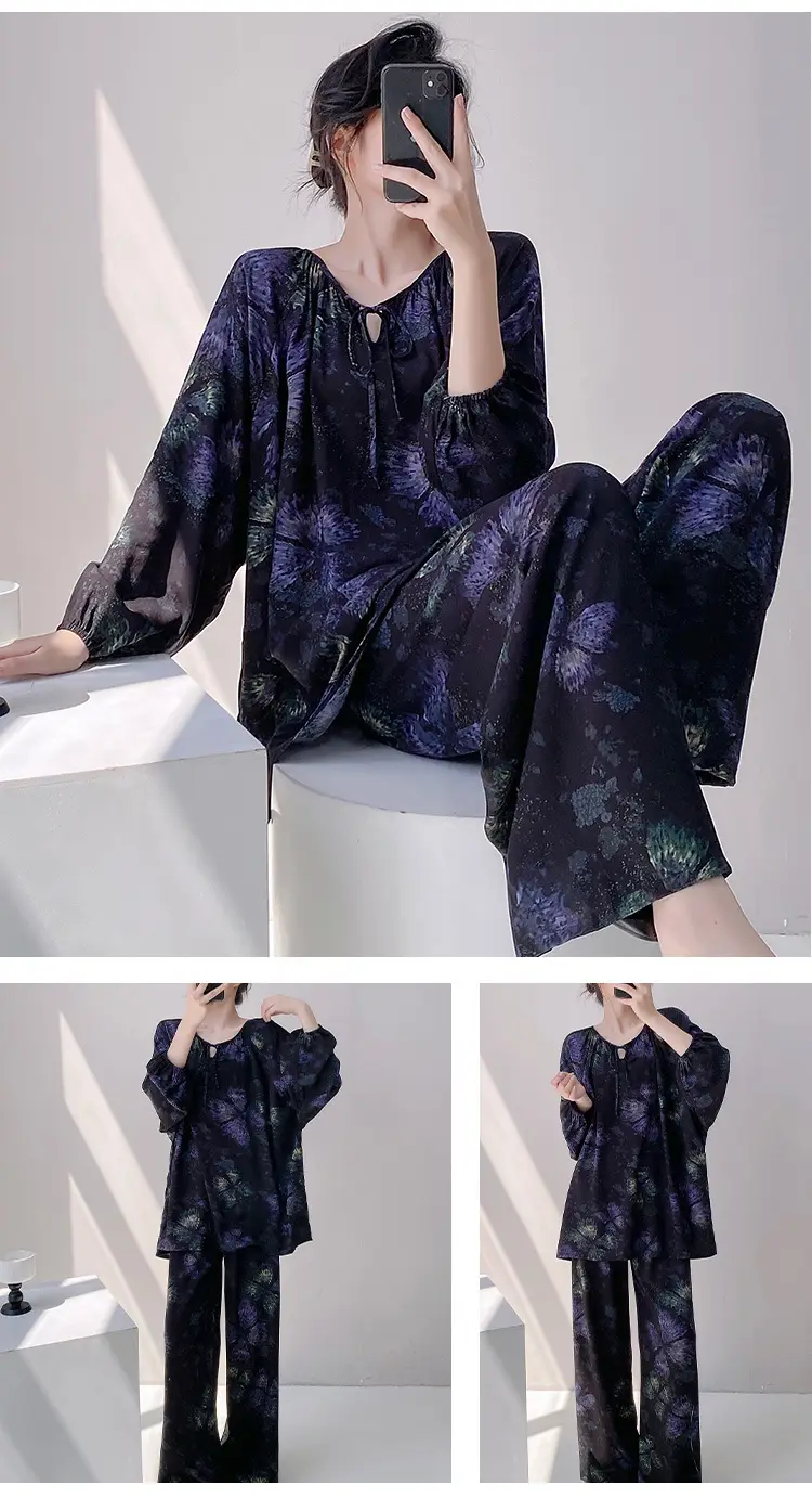 Summer New Long Sleeve Cotton Silk Pajamas Women's Spring and Autumn Loose plus size Cotton Silk Home Clothes suit Chinese Style Thin Style — feature 24