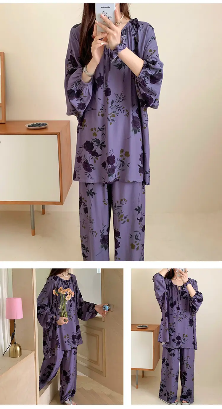 Summer New Long Sleeve Cotton Silk Pajamas Women's Spring and Autumn Loose plus size Cotton Silk Home Clothes suit Chinese Style Thin Style — feature 25
