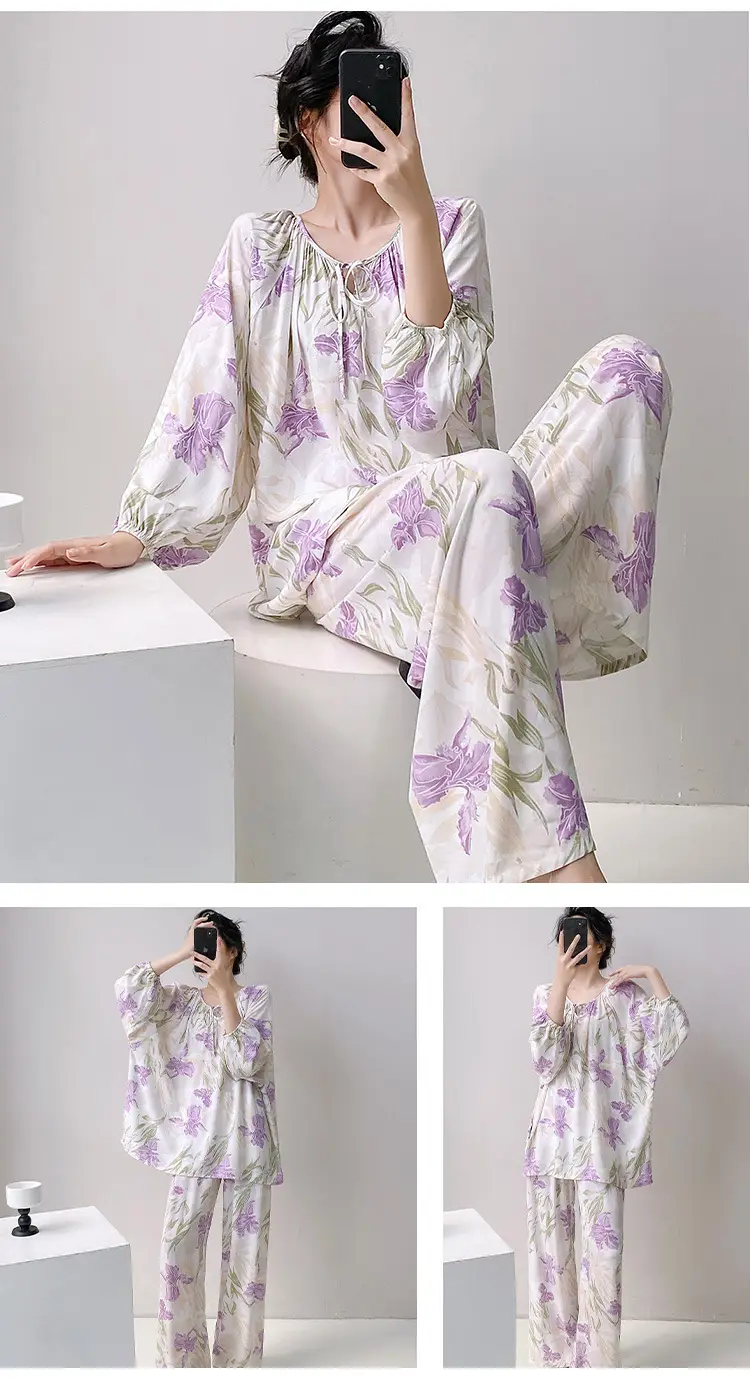 Summer New Long Sleeve Cotton Silk Pajamas Women's Spring and Autumn Loose plus size Cotton Silk Home Clothes suit Chinese Style Thin Style — feature 26