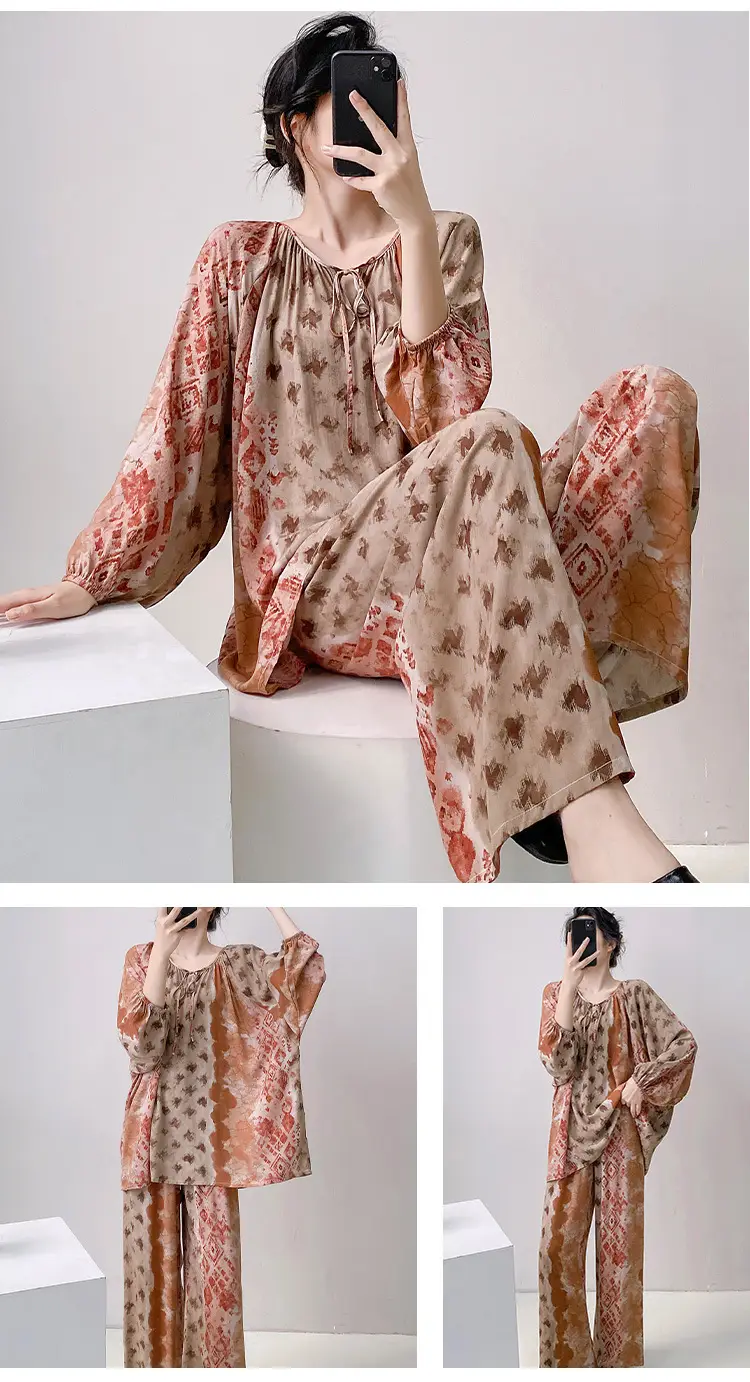 Summer New Long Sleeve Cotton Silk Pajamas Women's Spring and Autumn Loose plus size Cotton Silk Home Clothes suit Chinese Style Thin Style — feature 27