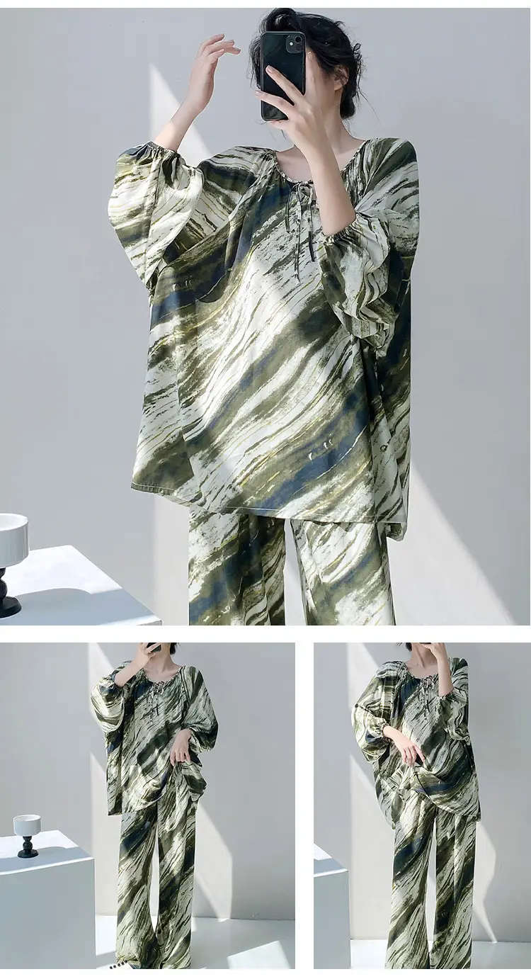 Summer New Long Sleeve Cotton Silk Pajamas Women's Spring and Autumn Loose plus size Cotton Silk Home Clothes suit Chinese Style Thin Style — feature 6