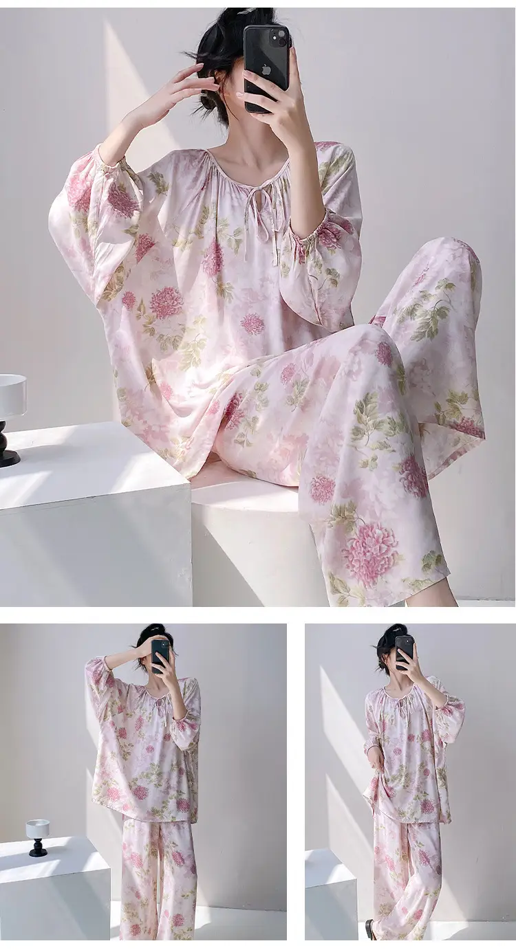 Summer New Long Sleeve Cotton Silk Pajamas Women's Spring and Autumn Loose plus size Cotton Silk Home Clothes suit Chinese Style Thin Style — feature 7