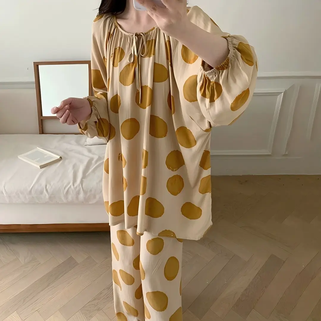 Summer New Long Sleeve Cotton Silk Pajamas Women's Spring and Autumn Loose plus size Cotton Silk Home Clothes suit Chinese Style Thin Style
