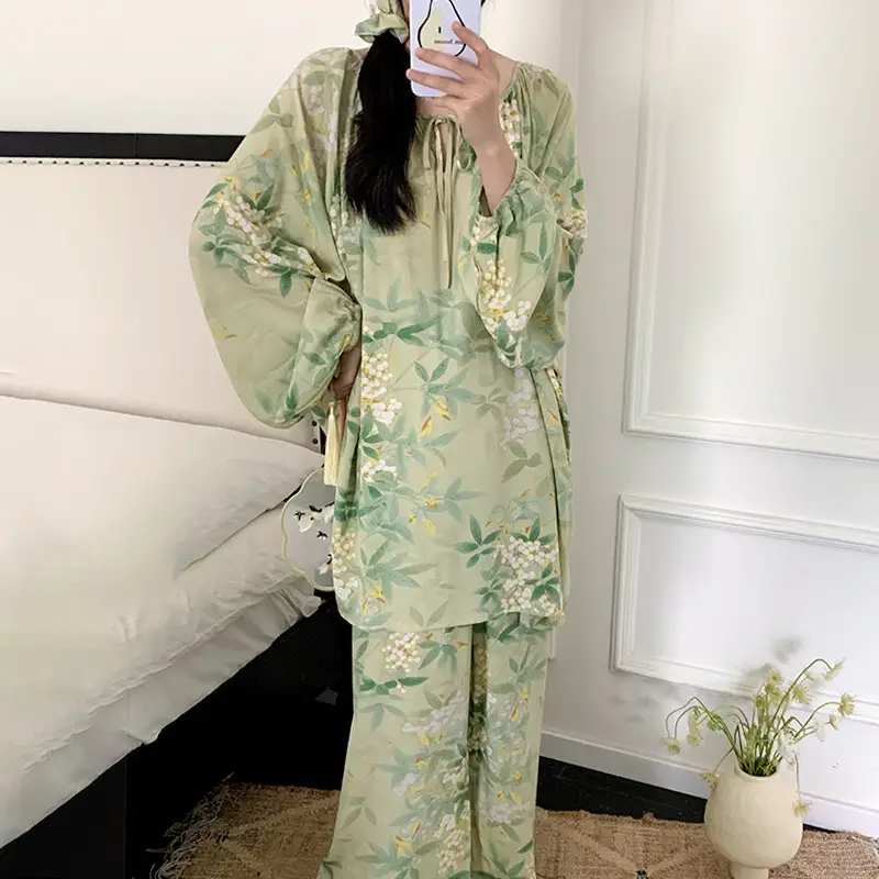 Summer New Long Sleeve Cotton Silk Pajamas Women's Spring and Autumn Loose plus size Cotton Silk Home Clothes suit Chinese Style Thin Style